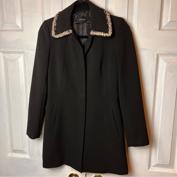 ZARA Black Fitted Belted Blazer Frock Coat with Pearl Laced Lapels - Size XS - Picture 4 of 12
